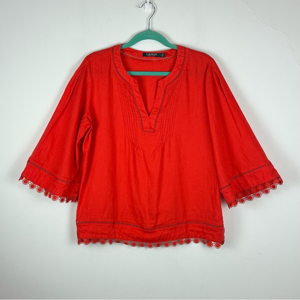 Ralph Lauren 100% Linen Crochet Fringe Salmon Pink Blouse M Beach Cruise